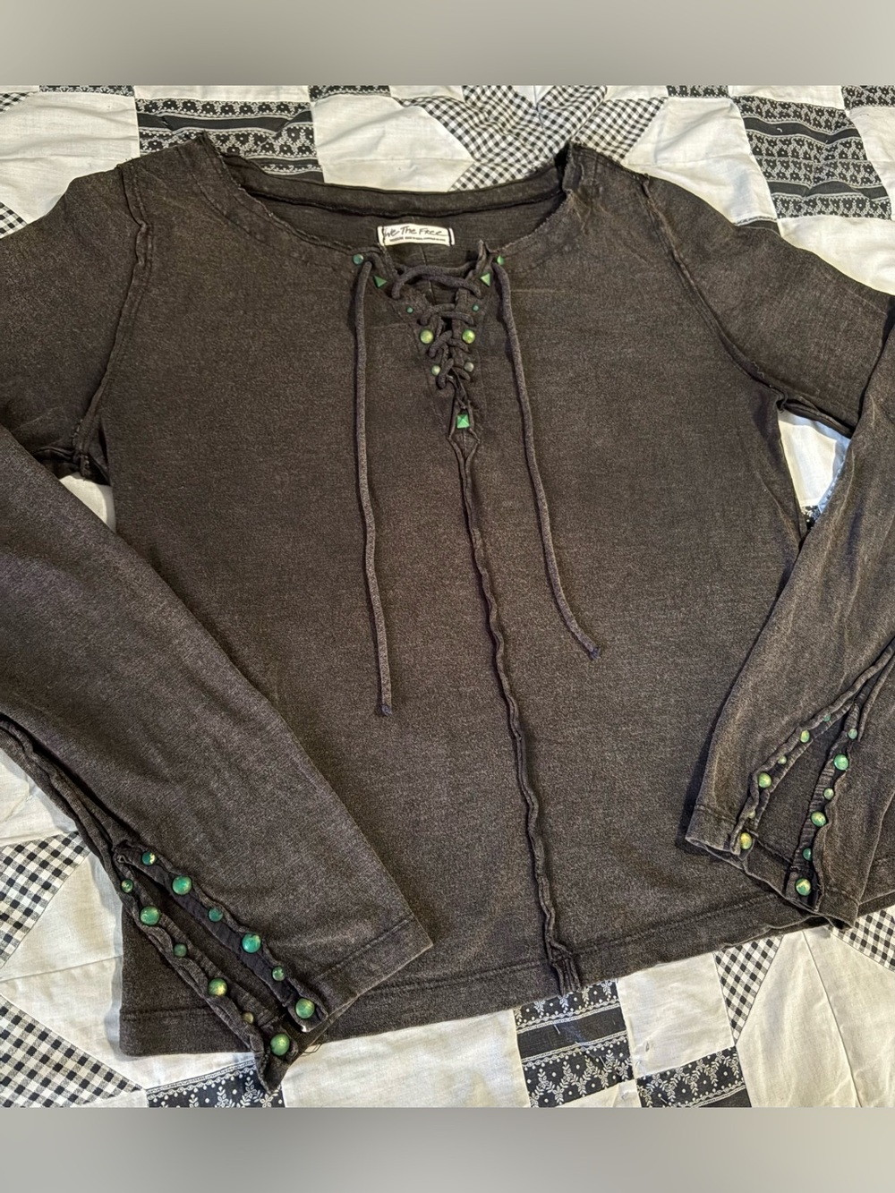 We The Free Black Long Sleeve Lace-Up Top with Green Bead Accents